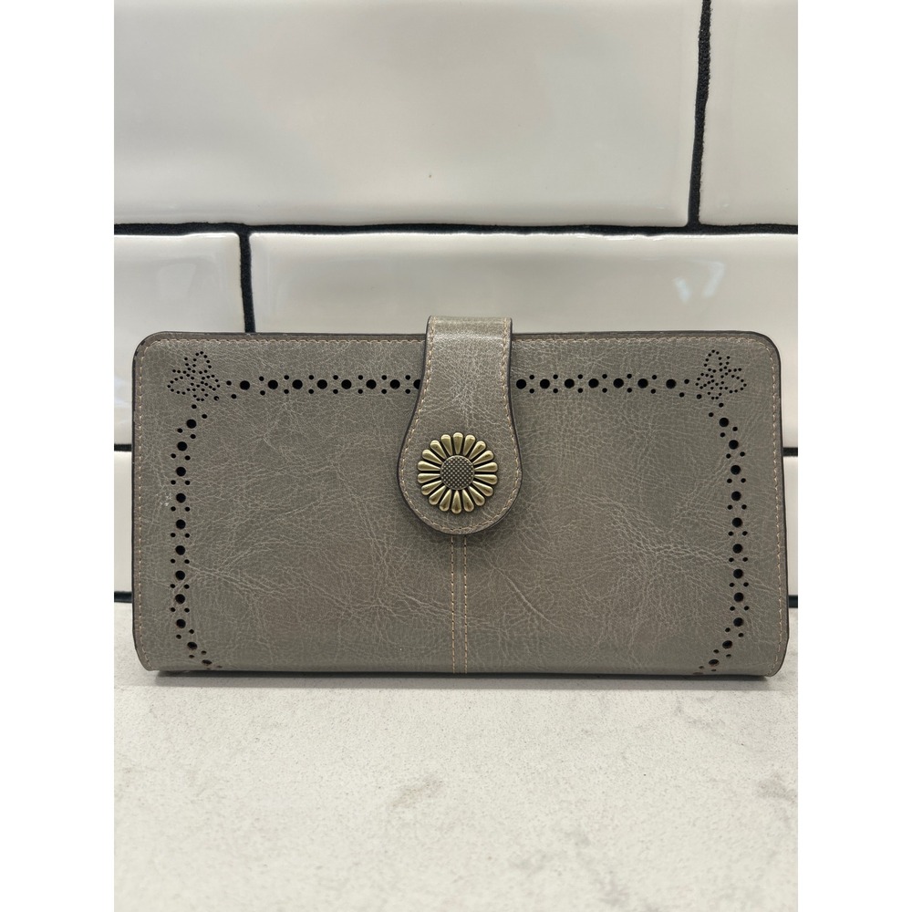 Lavemi Womens Grey Leather RFID Blocking Wallet Sunflower Snap Bifold Clutch